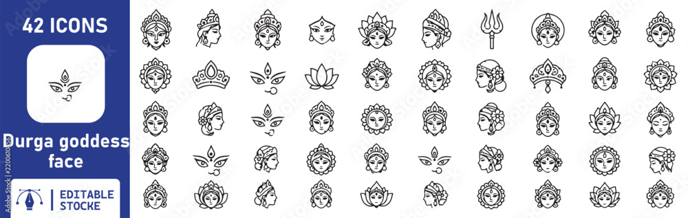 Obraz premium 42 Durga Goddess Face Vector Outline Icons Set – Hindu Goddess, Devi, Sacred Eyes, Lotus, Trishul and Religious Line Symbols Collection