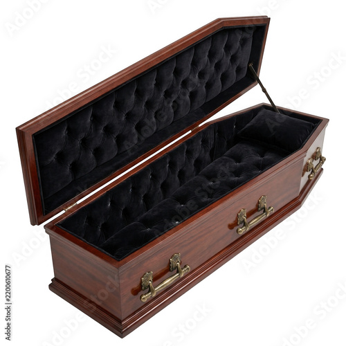 Traditional wooden coffin with black velvet interior isolated on transparent background