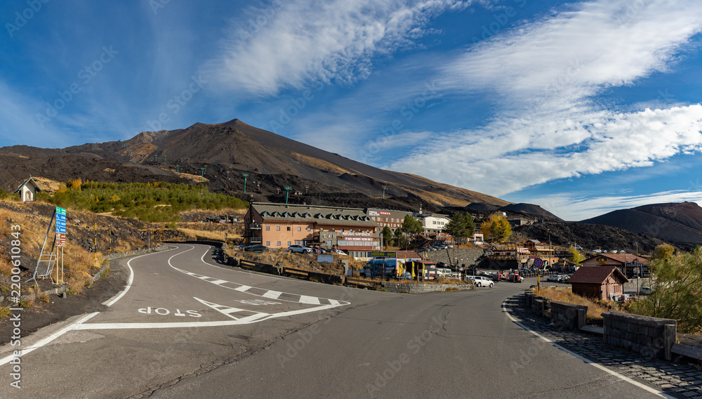 Fototapeta premium Parco dell’Etna, Sicily, Italy - November 3, 2025: A picture of the Rifugio Sapienza, the base at Parco dell’Etna.