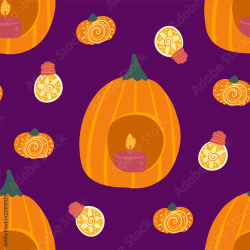 Autumn pumpkin lights seamless pattern, cozy candle lanterns cartoon flat vector