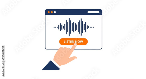 Podcast and Audio Streaming Interface with Waveform and Listen Now Button Vector Illustration. Hand Clicking on Online Sound Player UI Element for Web Design and Digital Media.