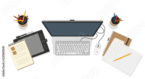 Modern Creative Workspace Illustration with Computer, Graphics Tablet, and Notebooks for Digital Design