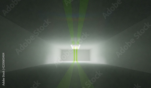 A clean, open, square room with light streaming down from a ceiling opening; 3D illustration.