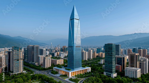 Angular skyscraper rising over downtown for contemporary architecture corporate identity and city development