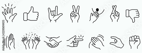 editable stroke expressive hand gesture outline icon collection featuring like peace finger heart and pointing symbols