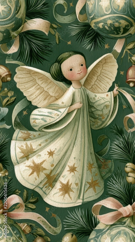 Fototapeta premium Vintage green Christmas angel girl mobile wallpaper, botanical folk art