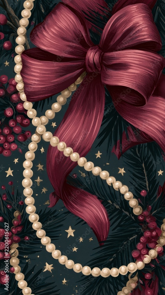 Obraz premium Elegant burgundy bow, pearls, berries, stars, evergreen branches, mobile wallpaper