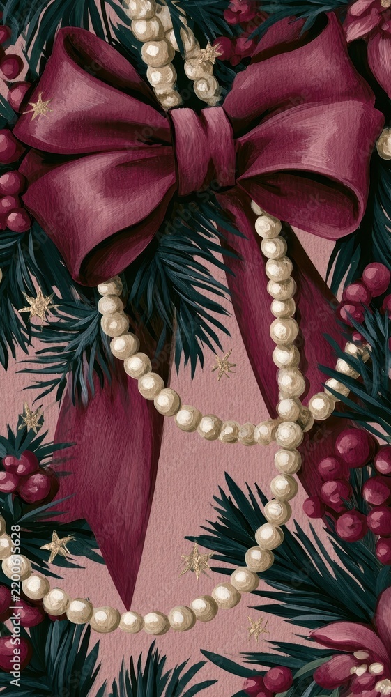 Obraz premium Burgundy Christmas bow, pearls and greenery, vintage mobile wallpaper