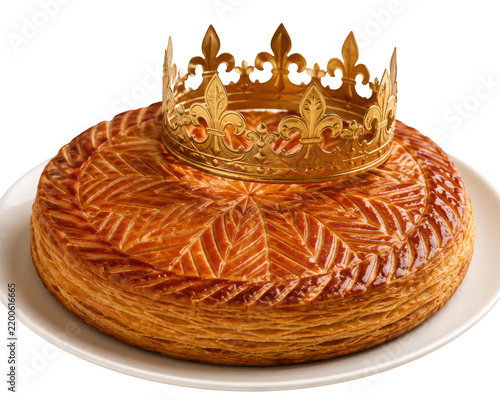 Decorative crown-topped pastry on white plate with golden braided texture and intricate design