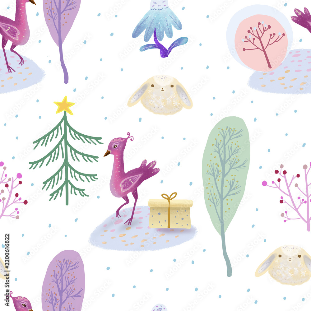 Obraz premium Christmas bird and bunny seamless pattern with snowy winter forest