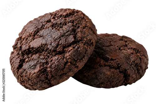 Dark chocolate chip cookie with rich texture and crumbly edges on clean white background
