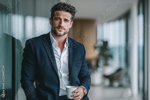 Man holding a cup and leaning against a wall in a modern building