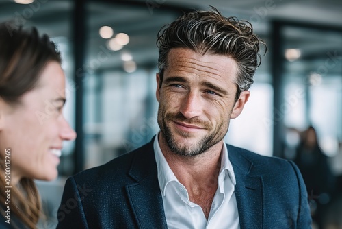 Man and woman talking in a modern office environment