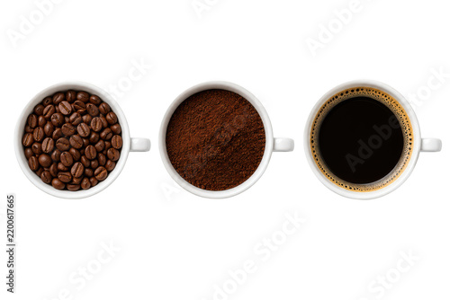 Coffee preparation stages in white ceramic cups with ground beans and brewed liquid