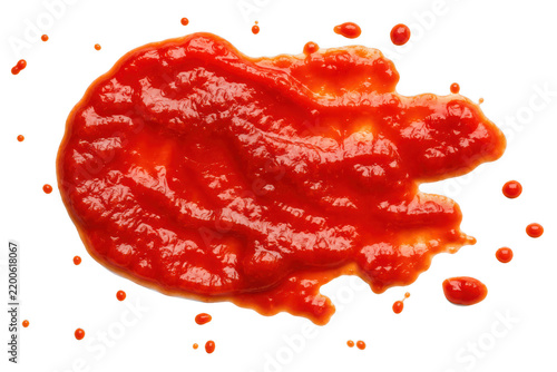 Red sauce splatter with organic texture and vibrant droplets on clean white background