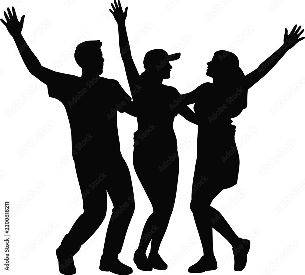 Fototapeta premium Group of three happy friends celebrating and dancing with raised arms