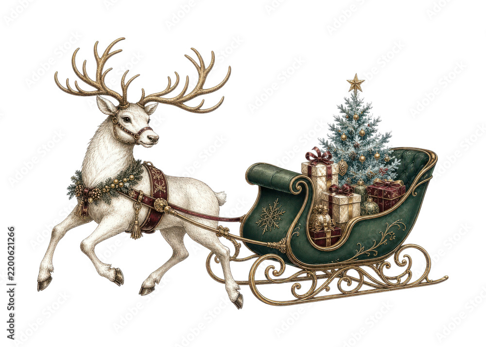 Obraz premium PNG Elegant winter illustration of a white reindeer pulling a festive sleigh with a Christmas tree and wrapped gifts.