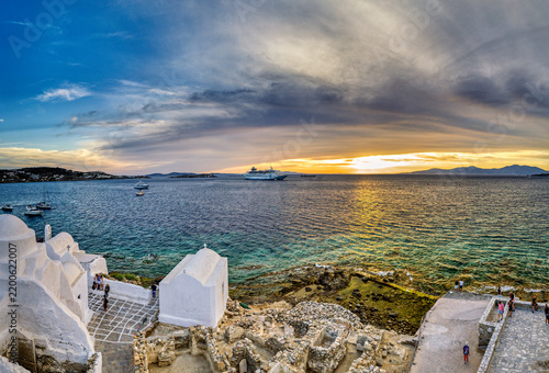 Mykonos Paraportiani sunset aerial view