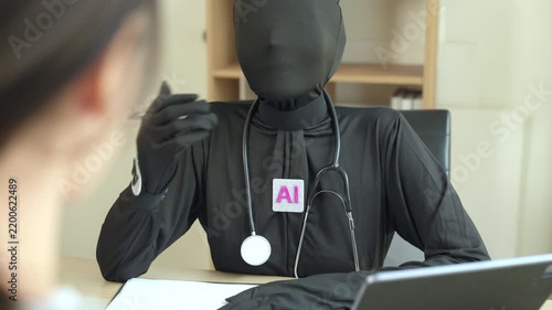 Conceptual scene of an artificial intelligence doctor consulting with a patient in a medical office, representing AI-assisted healthcare, digital medicine, virtual medical consultation and the future 