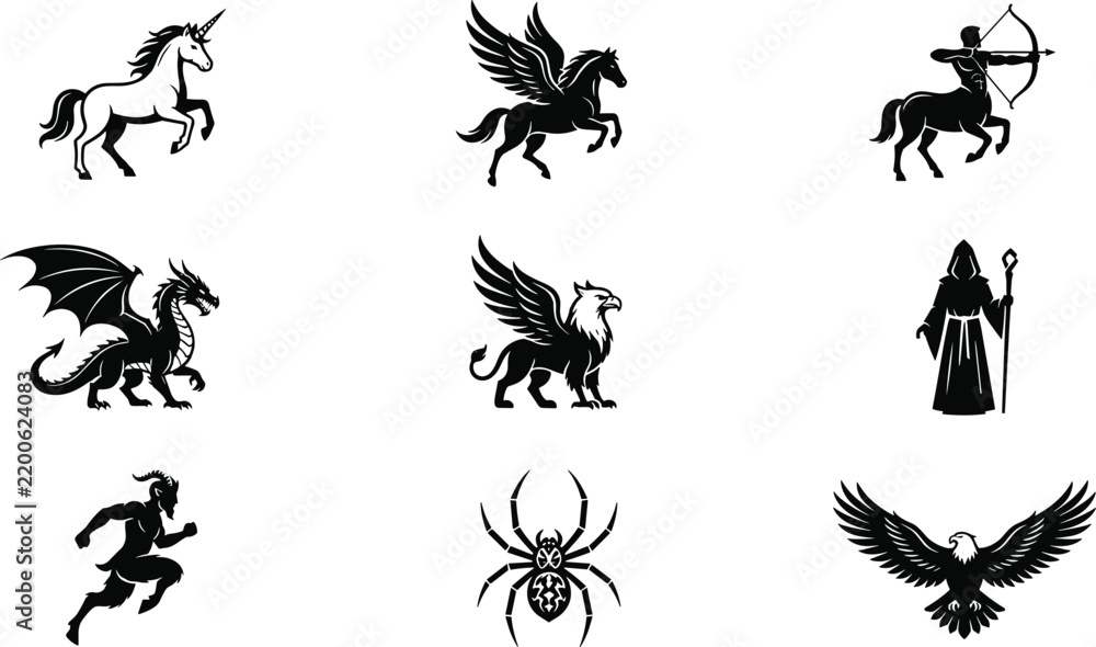 Fototapeta premium Mythical Creatures Set, Fantasy Illustration, Heraldic Symbols, Vintage Design, Graphic Elements, Decorative Icons