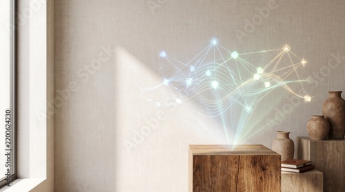 Digital Network Hologram Projected on Wooden Pedestal