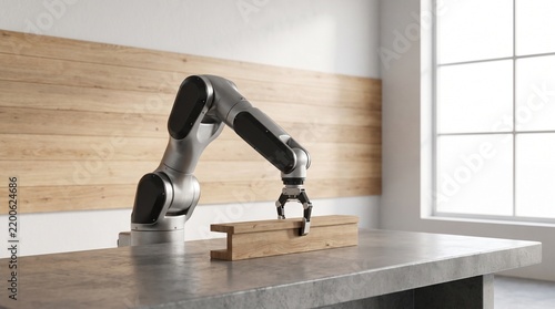 Robotic Arm Gripping a Wooden Beam in Modern Workshop