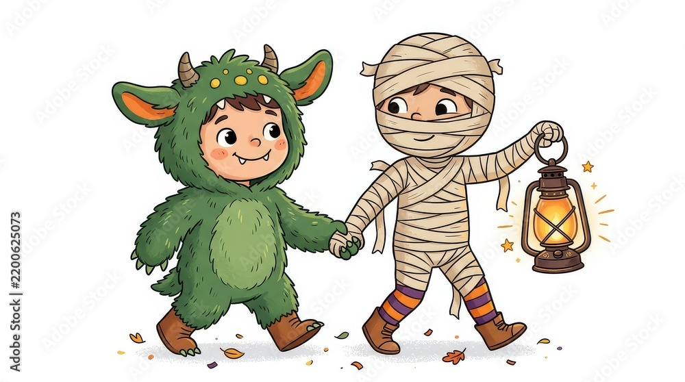 Fototapeta premium Cute Kids in Halloween Costumes Dressed as a Green Monster and a Mummy Holding Hands and Walking with a Lantern