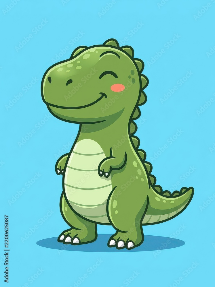 Obraz premium Cute Green Cartoon Tyrannosaurus Rex Dinosaur Character Smiling and Blushing on Blue Background Vector Illustration