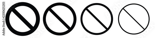 Prohibited sign icon set. Prohibited symbol vector icon set featuring black prohibition circles with diagonal slash lines in varying stroke weights.