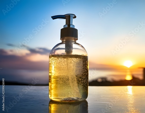 Transparent pump bottle with golden gel against a sea sunset background
