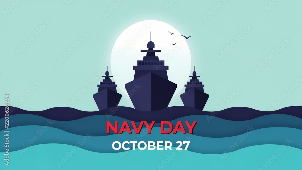 Obraz premium Navy day celebration with warships sailing on the ocean waves at night with a full moon