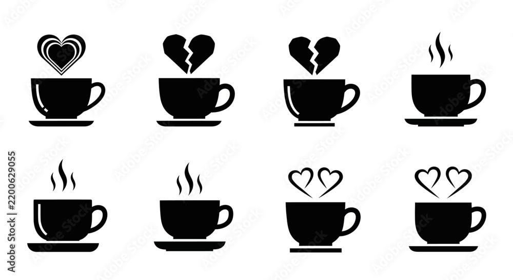 Fototapeta premium Set of eight coffee cups with heart steam broken heart and hot steam icons vector illustration cafe beverage symbols love concepts