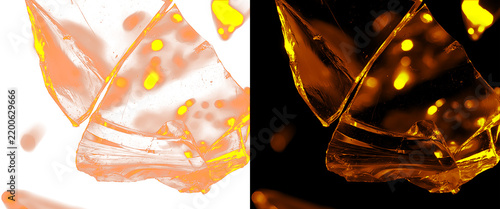 Shattered Amber Glass Fragments and Crystals with Light Reflections on White and Black Background
