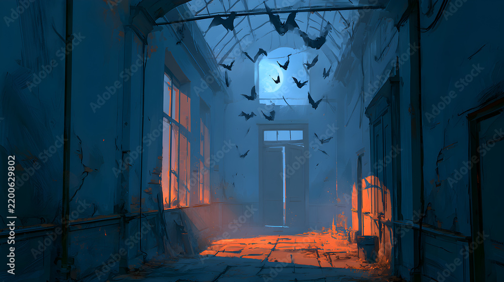 Fototapeta premium Halloween wallpaper, bats flying across a moonlit sky inside a dusty haunted hallway, playful spooky Halloween spirit, moody dark blue and orange palette, 