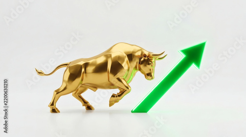 Gold bull with a green upward market arrow