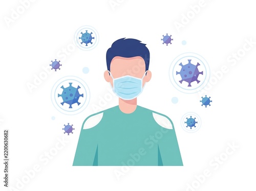 Flat Vector Illustration of Man Wearing Face Mask Surrounded by Virus Particles: Health Protection, Pandemic Safety, Air Pollution, and Disease Prevention Concept