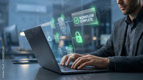 Businessman working on laptop with digital holographic interface showing workflow automation and secure document processing completion