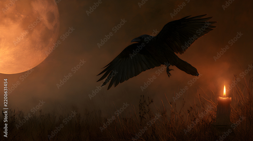 Obraz premium Halloween wallpaper, black crow flying over a haunted field by a flickering candle glow, spooky moonlit glow, orange and black color palette, dark fantasy art style, rich moody textures