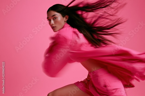 Dynamic pink fashion moment: adult female model running on a pink backdrop