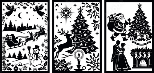 Set of Christmas silhouette panels, holiday decoration icons, winter festive graphics, and seasonal vector illustration