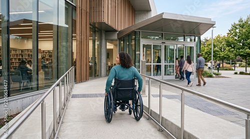 Woman in Wheelchair Approaches Modern Library Entrance with Accessible Ramp and Railings