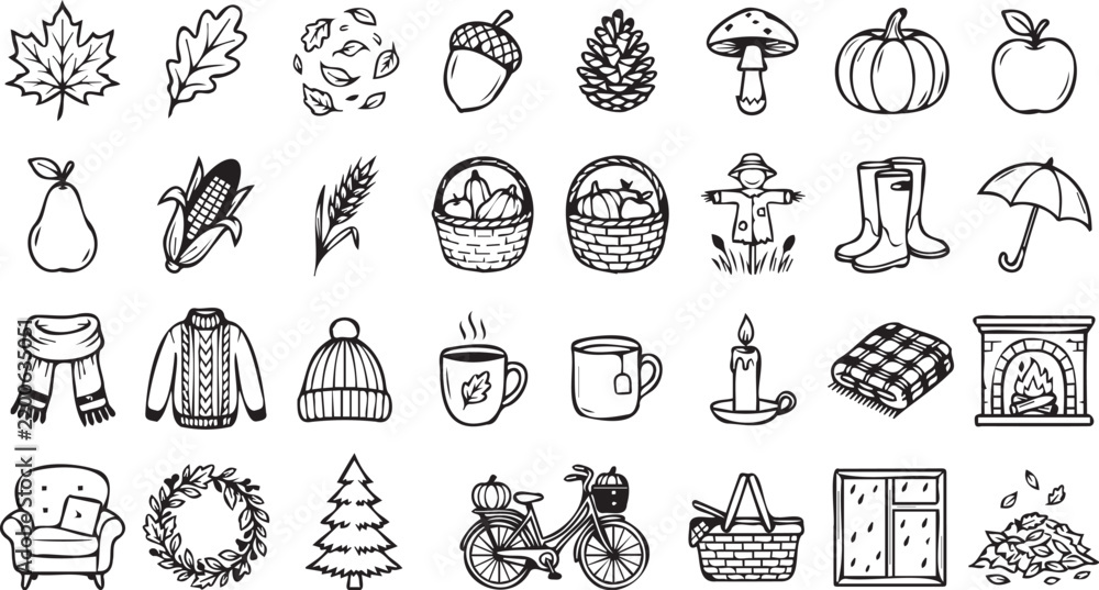 Obraz premium Fall season vector icon set featuring hand drawn sketchy illustrations of cozy autumn items for creative design projects and web decoration