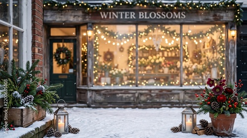 Winter blossoms flower shop storefront snowy street lanterns wreaths seasonal floral decor cozy festive retail display. with copy space or border frame for winter festival celebration commercial