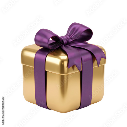 Metallic gold gift box with a purple silk ribbon bow isolated on white background
