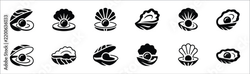 Oyster shell with pearl icons, marine sea shell mollusk black silhouette symbols, ocean nature jewelry vector illustration.