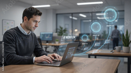 Professional developer working on an ai workflow interface with holographic agent nodes in a modern office environment