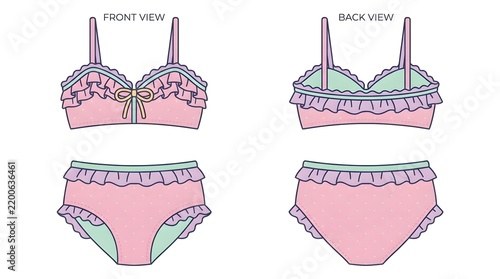 Pink Ruffled Polka Dot Bikini Swimsuit Fashion Design Template