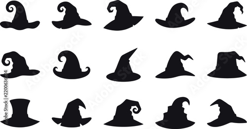 A diverse collection of black witch hats perfect for halloween costumes spooky events or magical themed parties and celebrations