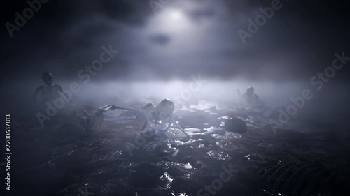 3D Background of Foggy night crawling skeleton
