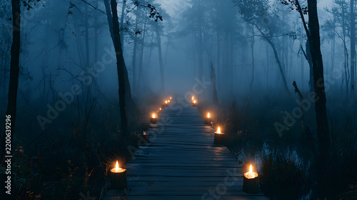 Halloween wallpaper, dark forest path lit by lanterns in a dense fog-covered swamp, gothic and mysterious charm, midnight blue and silver palette